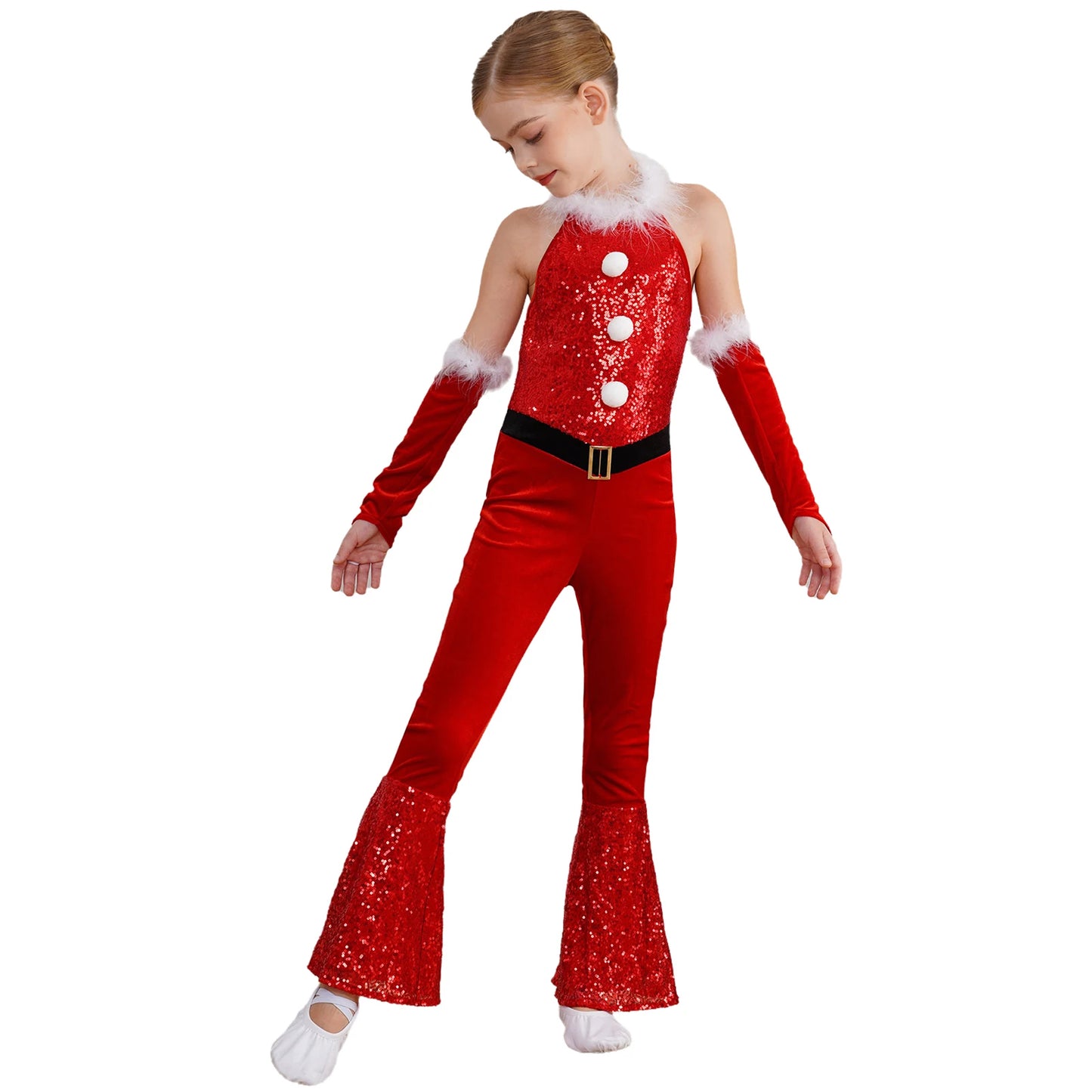 Girls Christmas Costume Santa Claus Velvet Sequins Bell Bottoms Jumpsuit with Arm Sleeve Merry Xmas Holiday Festive Outfits