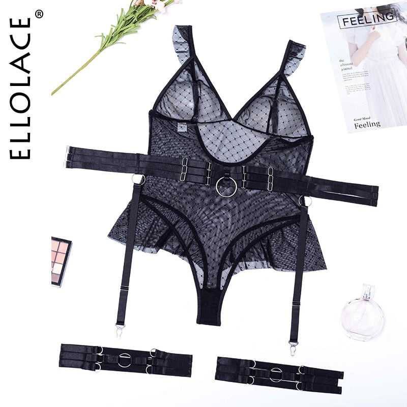 Ellolace Polka Dot Bodysuit Lingerie Sexy Transparent Tempt Sissy Body Lace See Through Erotic Costumes Fitness Porn Hot Tops
