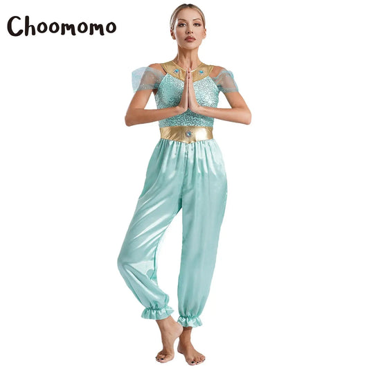 Frauen arabische Prinzessin Bauchtanz Halloween Kostüm glänzende Pailletten Edelsteine Overall Stram pler indische Bollywood Rollenspiel Kostüm