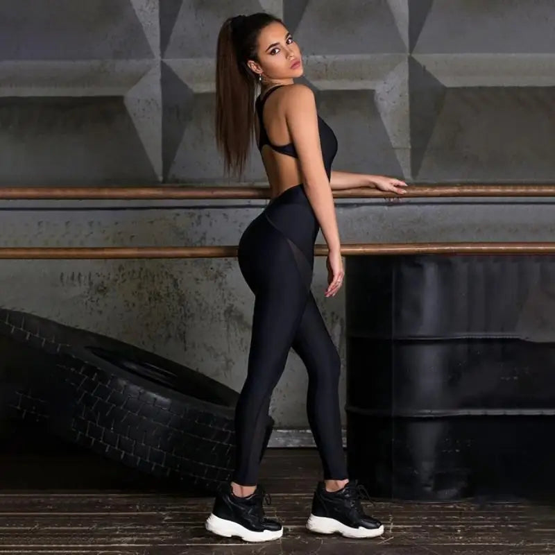 Oshoplive 2024 New Sports Yoga Jumpsuit Women Fashion Black Solid Color Fitness Running Bodysuits Sexy Backless Activesuit