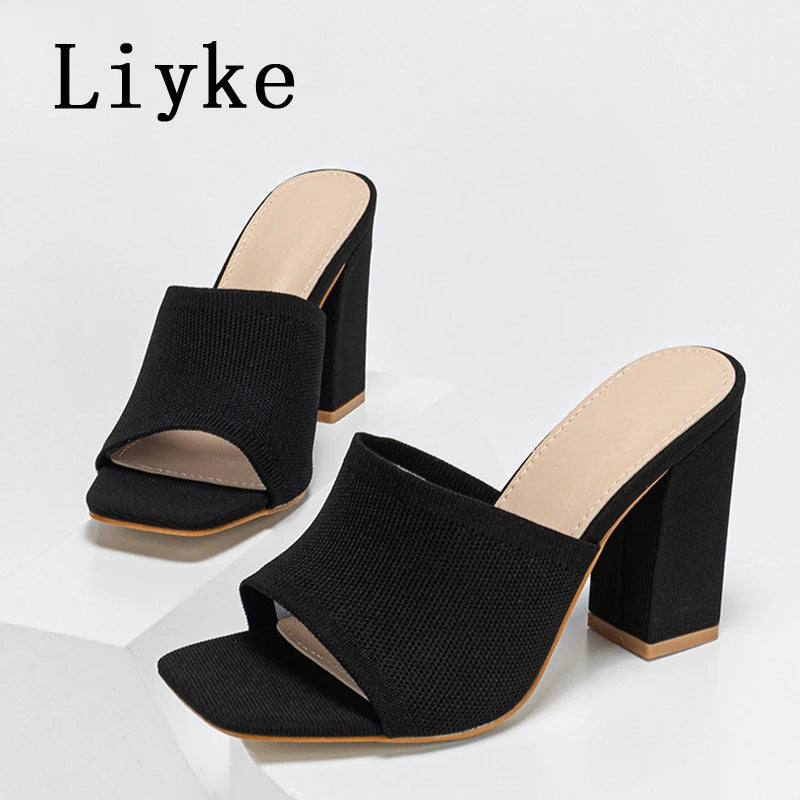 Liyke Big Size 42 Square High Heels Women Slippers Cozy Knitted Stretch Fabric Wide Band Open Toe Shoes Ladies Summer Sandals