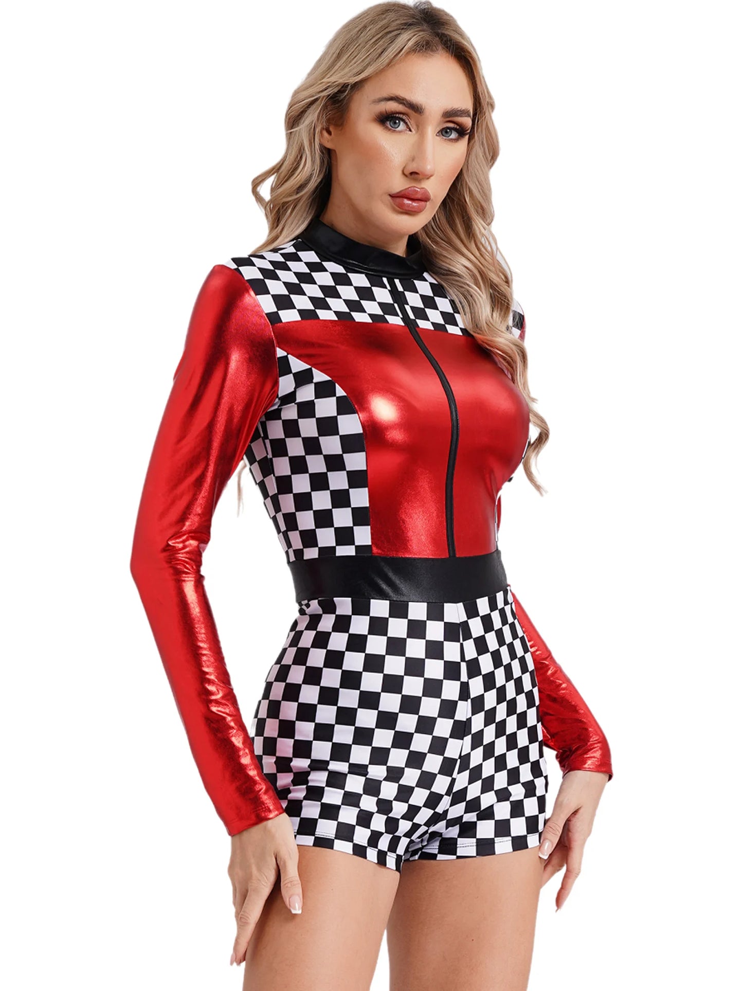 Womens Speed Car Driver Kostüm Halloween Racer Pullover Langarm Metallic Bodysuit Overall Cosplay Party Kostüm