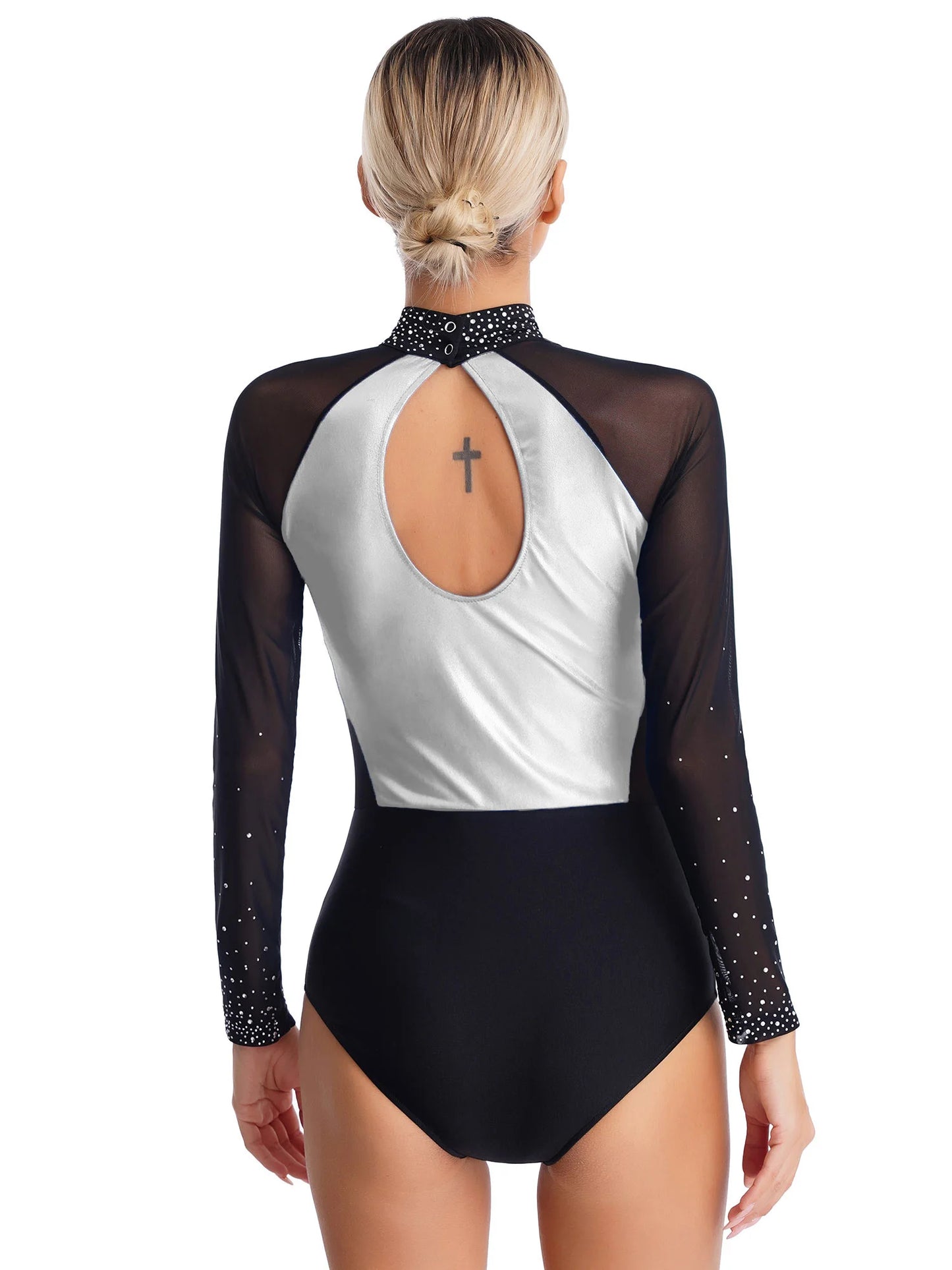 Funkelnde Strass steine für Damen Farb block Gymnastik Trikots Langarm Ballett Tanz Bodysuit Overall sportliche Tanz kleidung