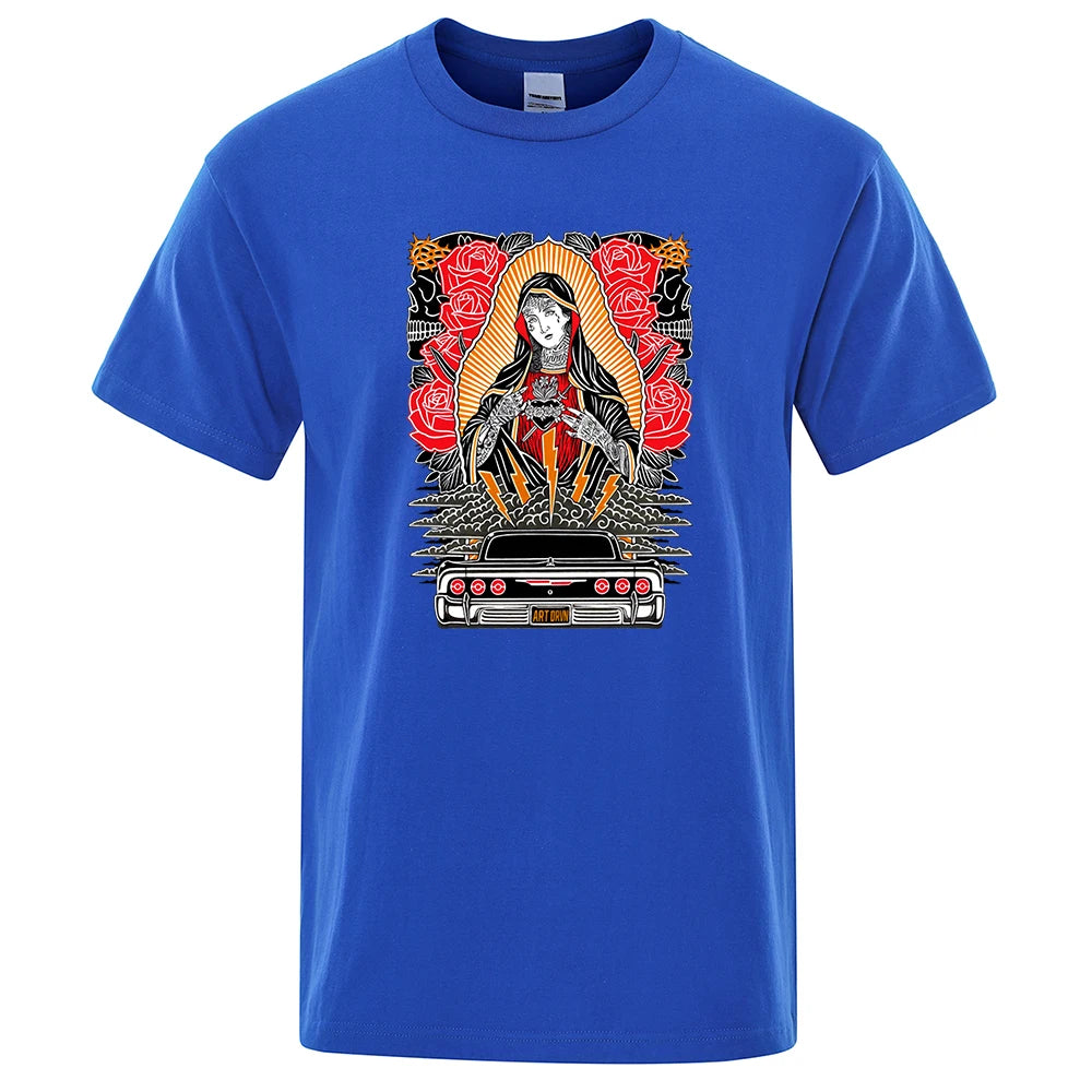 Rose Our Lady Of Guadalupe Funny Men Tshirt Breathable Summer Short Sleeve Oversized Casual Tops Cotton T-Shirt Short Sleeve