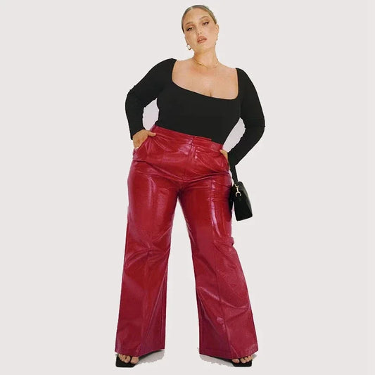 Plus Size Damen Glänzende Lacklederhose 7XL Hohe Taille Faux Latex Gerade Hose 8XL mit Tasche Flare Hose 9XL Clubwear