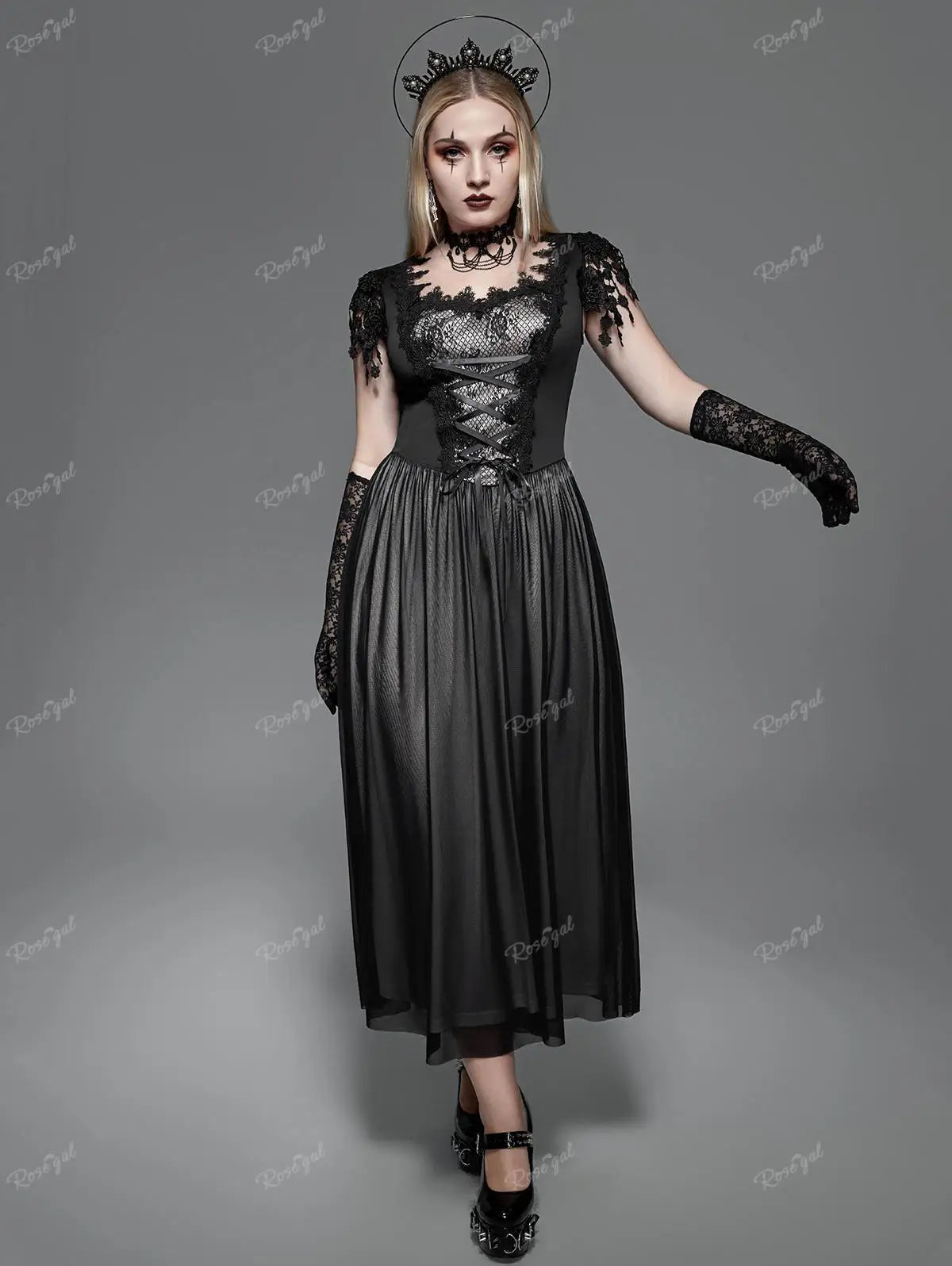 Ros gal plus Größe Gothic Lace Panel Mesh Quasten Schnür Maxi kleid Frauen Sommer langes Kleid schwarz Korsett Party kleid Vestidos