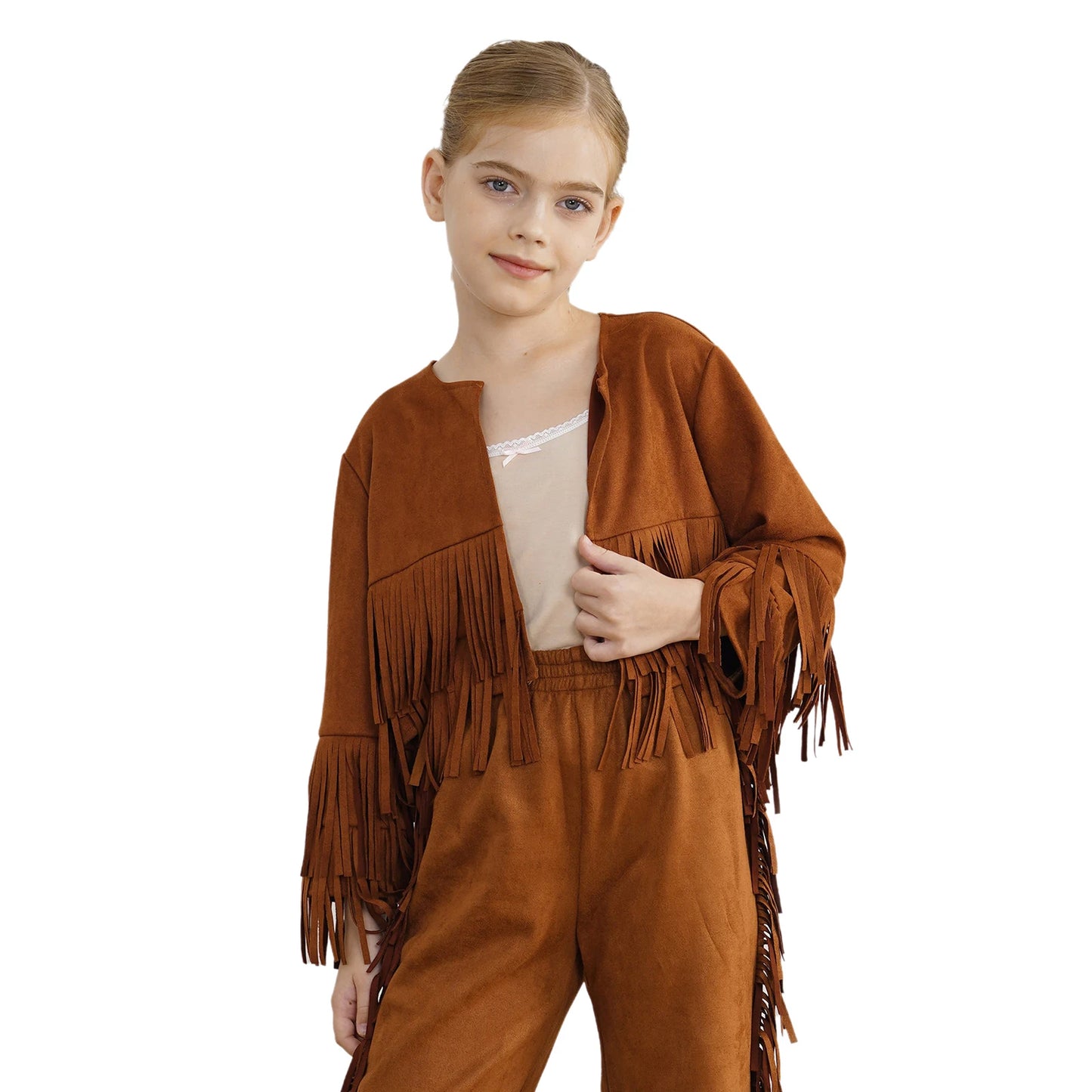 Western Rodeo Cowboy Cowgirl Costume Boys Girls Long Sleeve Open Front Tassels Fringe Coat Jacket for Halloween Cosplay Party