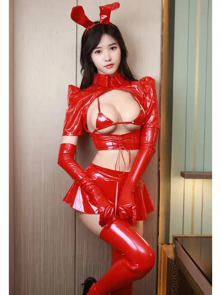 Wet Look PVC Rabbit Cosplay Outfit Shiny PU Leather Short Sleeve Hollow Out Bandage Crop Tops Mini Skirts Tights Sexy Clubwear