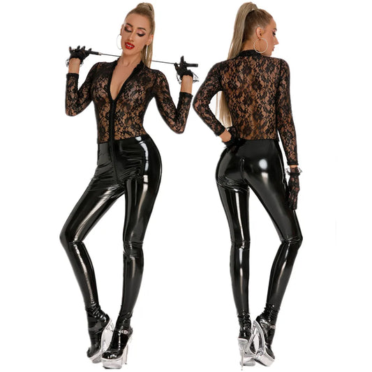 Shiny PVC Bodysuits With Gloves Women Nightclub Party Sexy Erotic Jumpsuits Sexy Zipper Open Crotch Leather Wet Look Jumpsuit