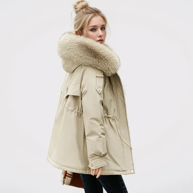 Frauen Parka Mode Lang mantel Wolle Liner Kapuze Parkas 2024 neue Winter jacke schlank mit Pelz kragen warmer Schnee tragen gepolsterte Kleidung