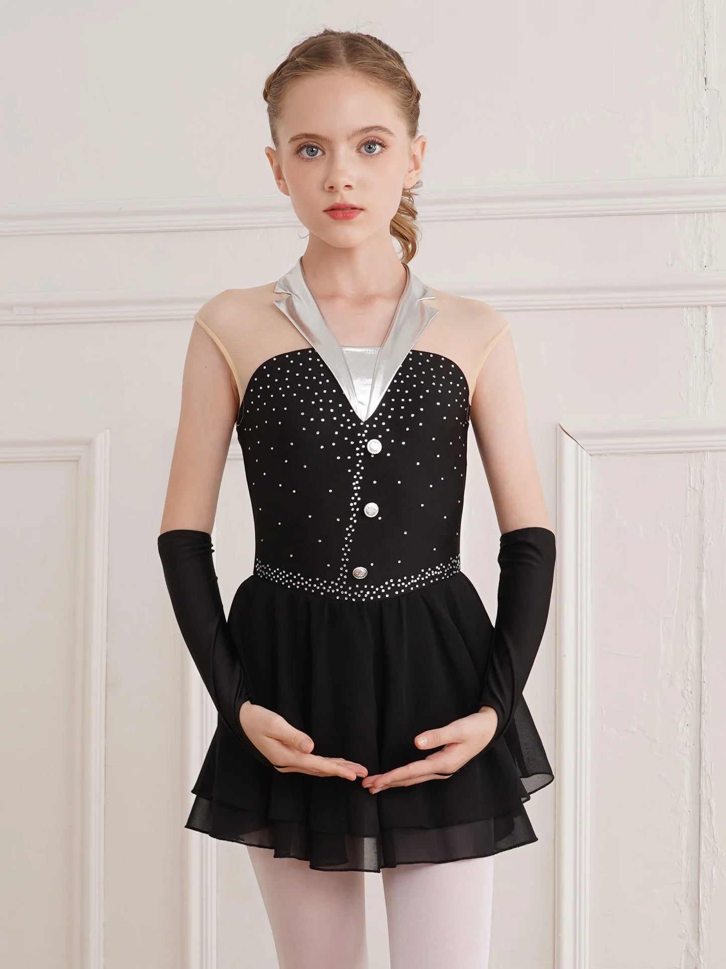 Kids Girls Figure Skating Costume Sequins Ballet Dance Dress with Fingerless Gloves Gymnastics Skirted Leotard Lyrical Dancewear