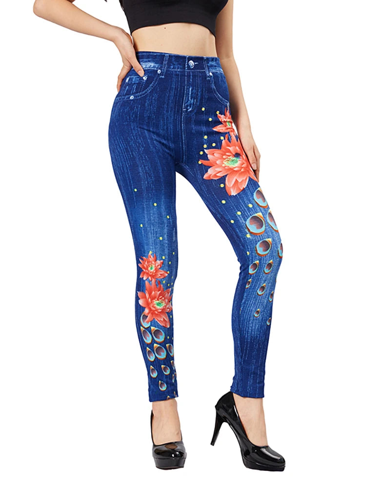 CUHAKCI Lotus Print Imitation Denim Leggings Fake Women Slim Fit Stretch Jeggings Blue Breathable False Jeans Pencil Pants