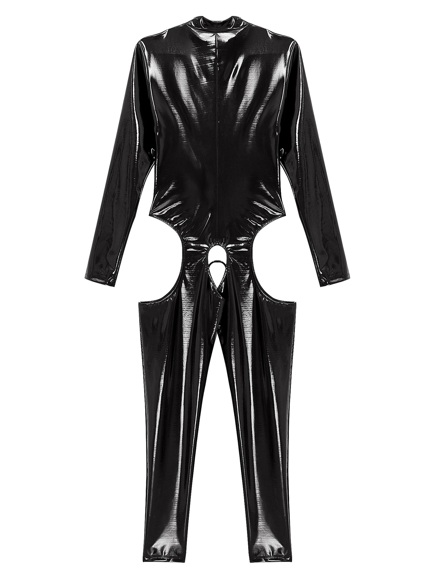 Damen Wet Look Lack leder Ausschnitt Schritt loser Overall Langarm Aushöhlen Skinny Bodysuit Catsuit Latex Clubwear