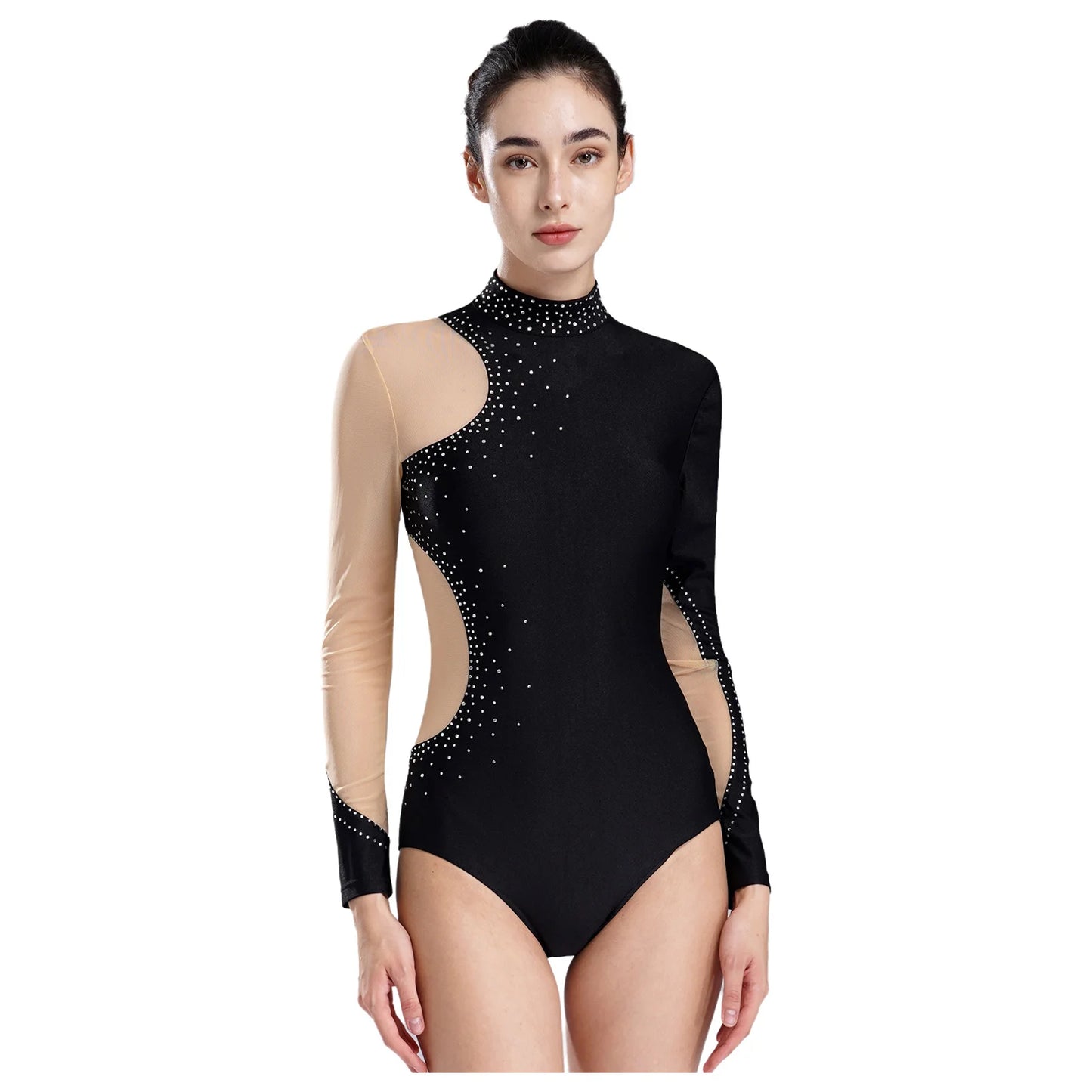 Damen Figur Eislauf Trikot glänzenden Strass Langarm Ballett Tanz Gymnastik Bodysuit Wettbewerb Praxis Overall