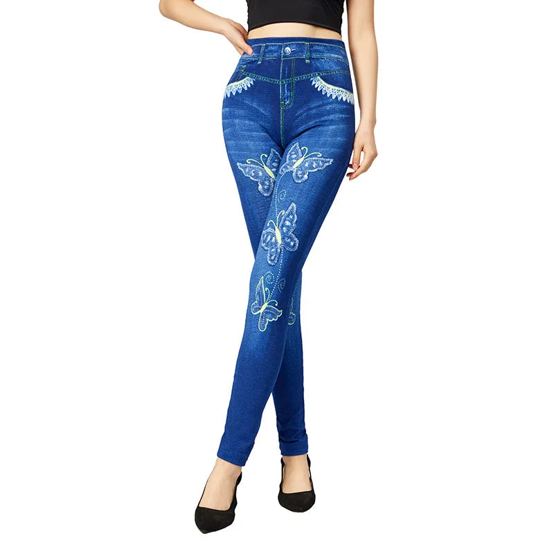 CUHAKCI Women Butterfly Fake Blue Jeans Workout Yoga Leggings Soft Jeggings High Elastic Denim Women's Imitation Pencil Pants