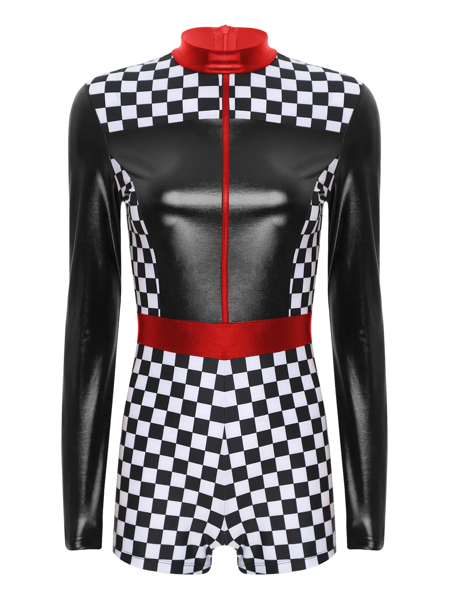 Womens Speed Car Driver Kostüm Halloween Racer Pullover Langarm Metallic Bodysuit Overall Cosplay Party Kostüm