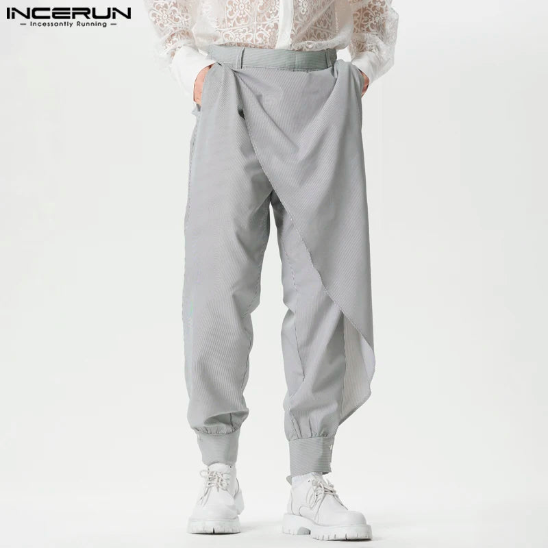 INCERUN Men's Irregular Pants Striped Loose Joggers Casual Trousers Men Streetwear 2024 Pockets Fashion Leisure Pantalon S-5XL