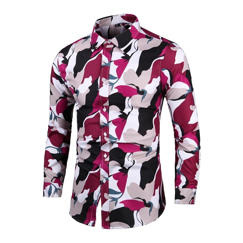 New Fashion Print Shirt Men Long Sleeve Turn Down Collar Casual Shirts Mens Single Breasted Slim Party Holiday Blouse Man 7XL