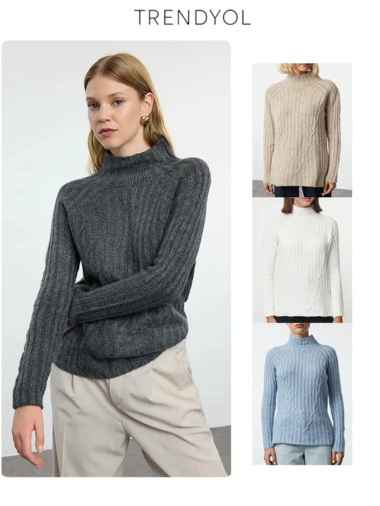 Trendyol TYZA Damen-Pullover, Stehkragen, Zopfmuster, lässige Strickwaren, reguläre Passform, Raglanärmel-Pullover und Pullover