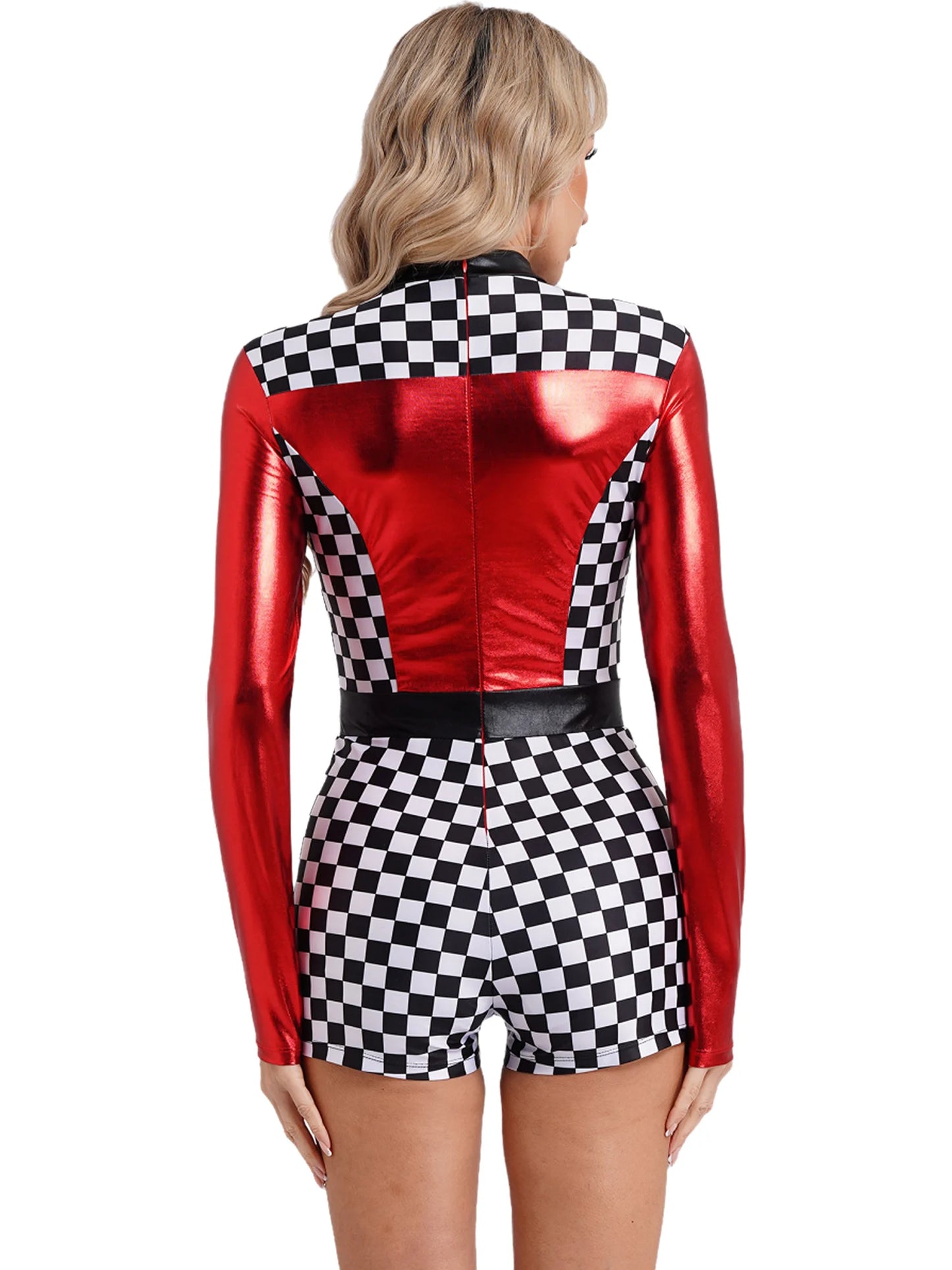 Womens Speed Car Driver Kostüm Halloween Racer Pullover Langarm Metallic Bodysuit Overall Cosplay Party Kostüm