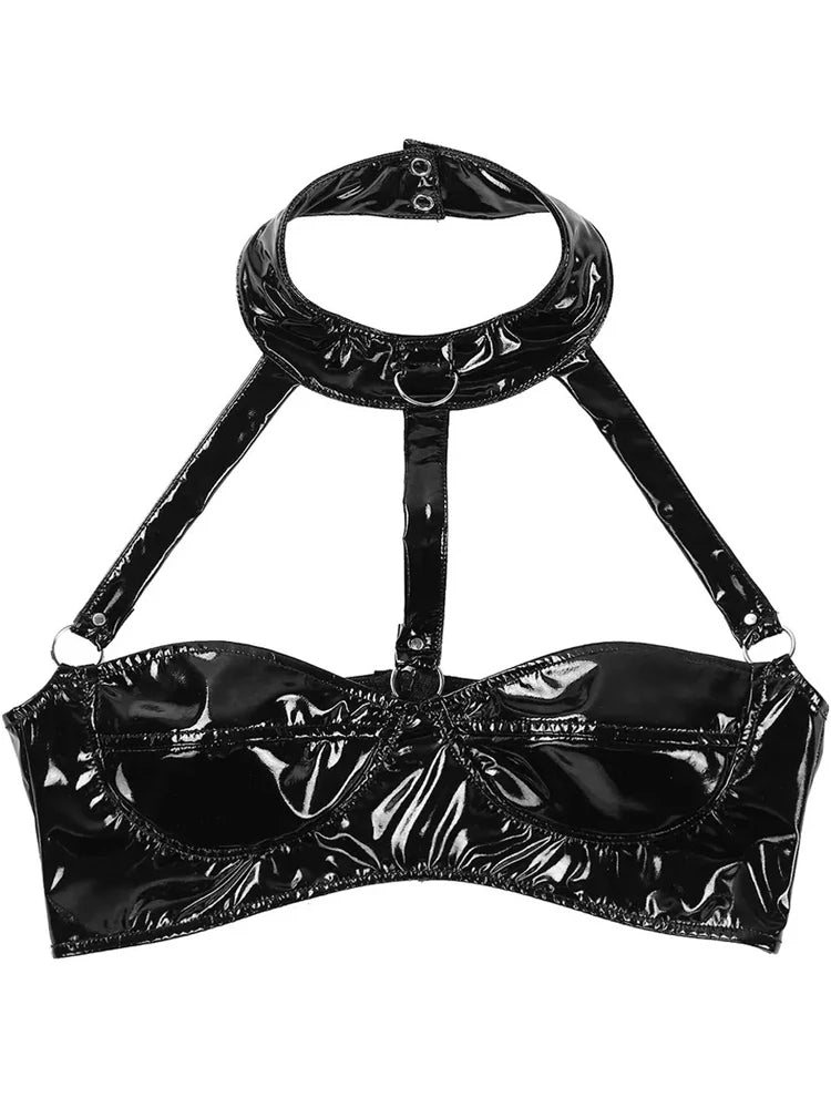 S-3XL Shiny Faux PU Leather Bikini Tops Tights Sexy Pole Dance Clubwear Cosplay Halter Bustier Tank Top Cropped Camis Croptop