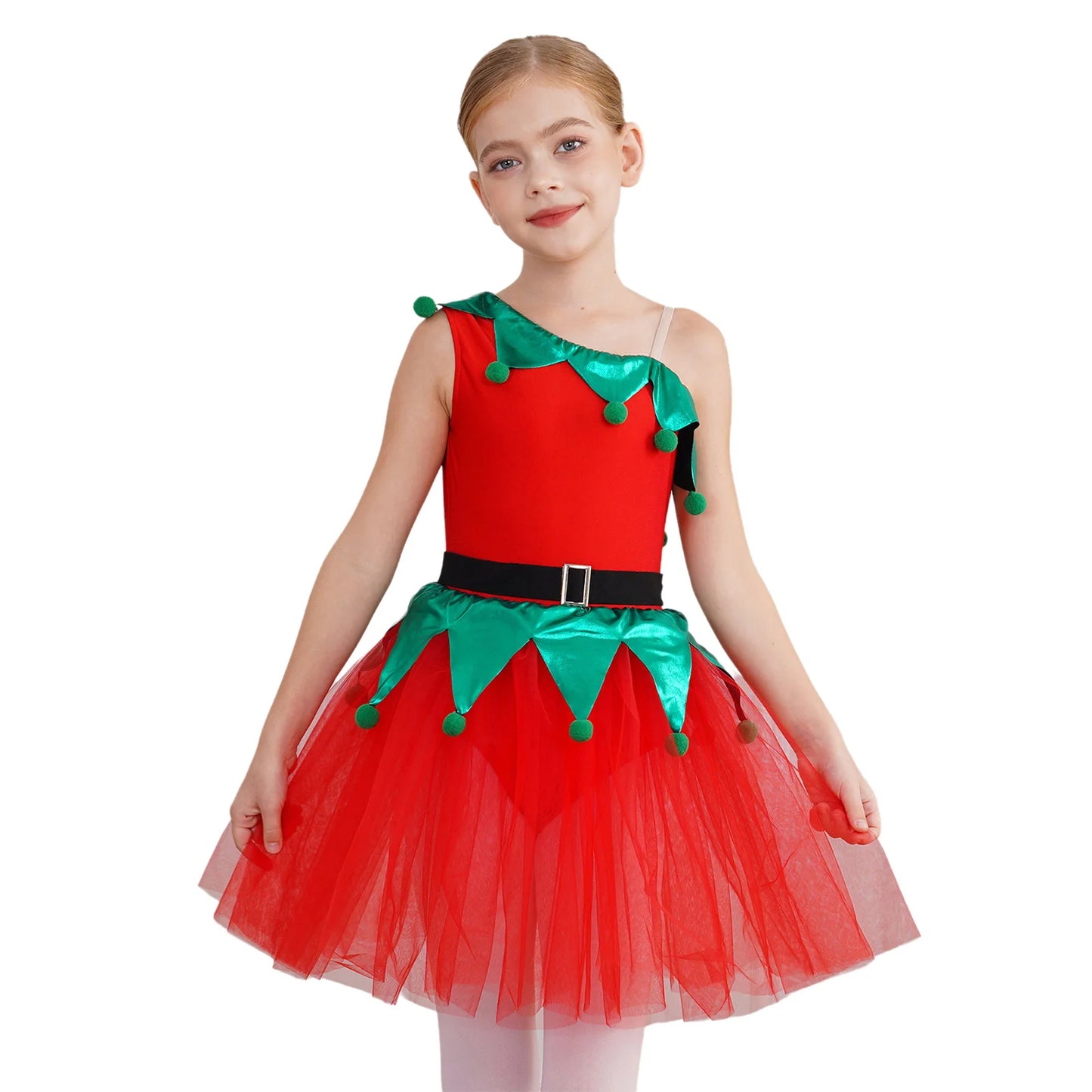 Kinder Mädchen eine Schulter Weihnachten Tanz Tutu Kleid Trikot Weihnachten Urlaub Party Santas Helfer Festivals Performance Kostüm