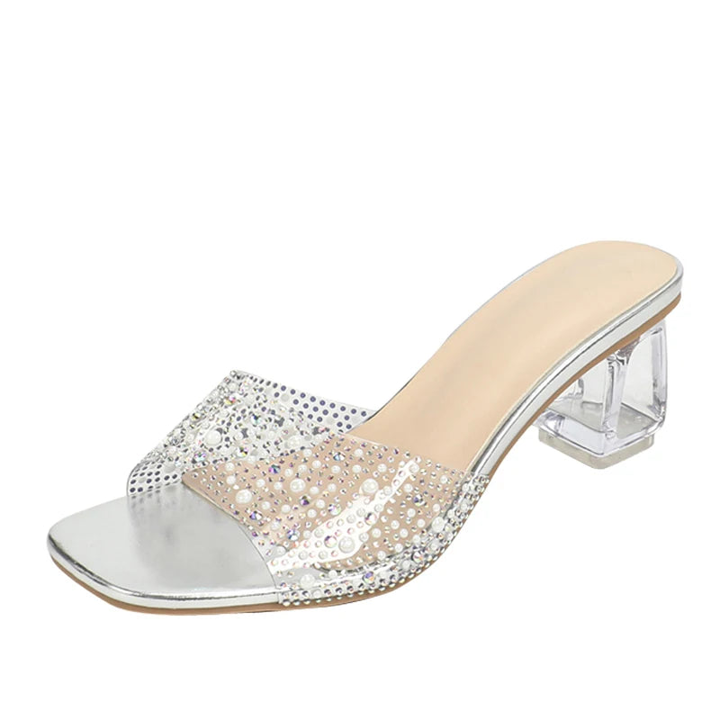 Liyke Size 36-43 Transparent Slippers For Women Summer Fashion Crystal Rhinestone Square Toe Clear Heels Slides Shoes Sandals