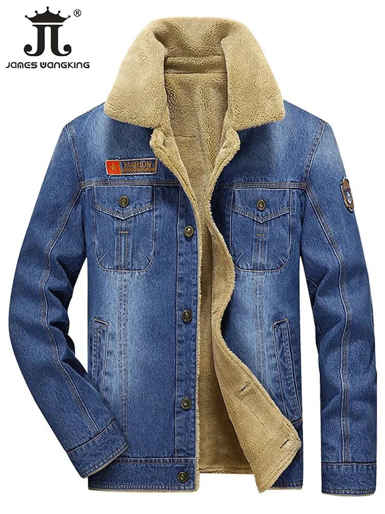 Winter warme und verdickte Herren lässige Jeans jacke Boutique Mode Baumwolle männliche blaue Jeans mäntel