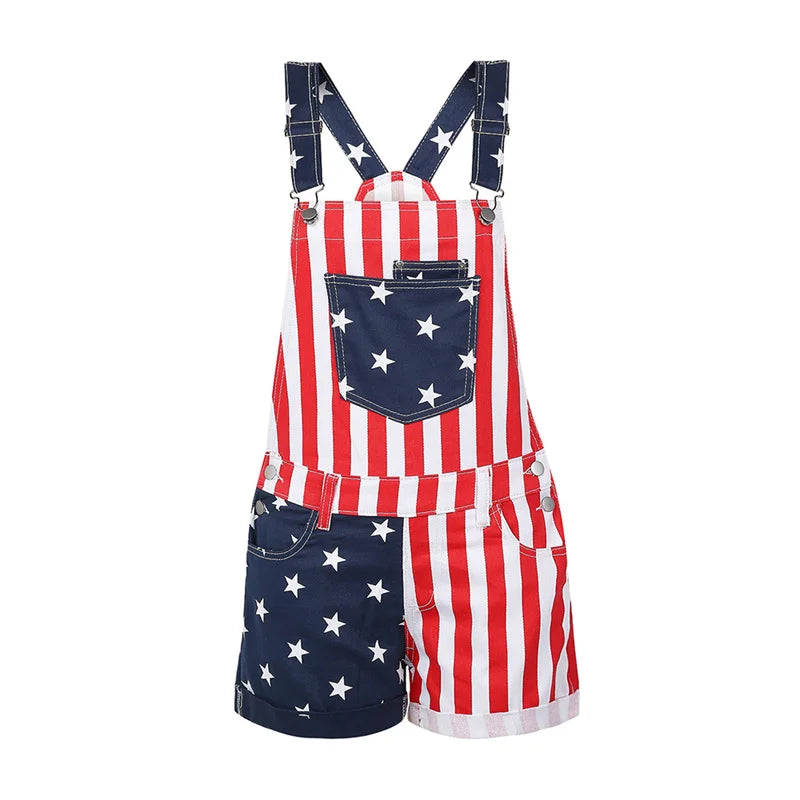 Neue Unabhängigkeit Tag Flagge Motive Strap Hosen Frauen Große Tasche Overall Shorts Weibliche Strampler einteiliges Hosen Urlaub Kleidung