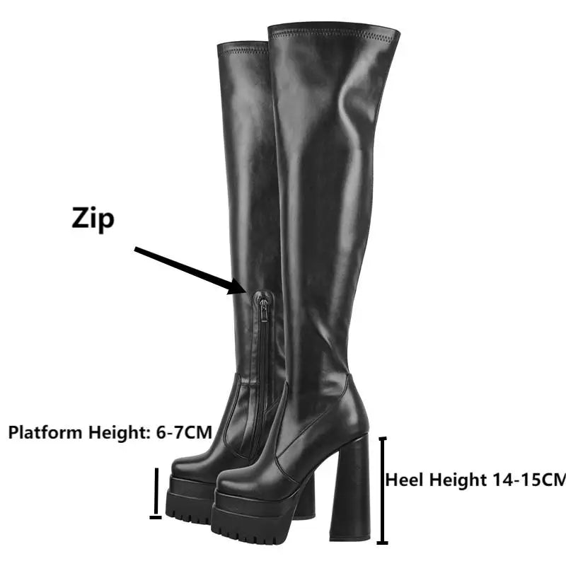 Onlymaker Über Das Knie Stiefel Frauen Schwarz Mate Dicken Plattform High Heels Seite Zipper Punk Stil Karree Mode Party stiefel