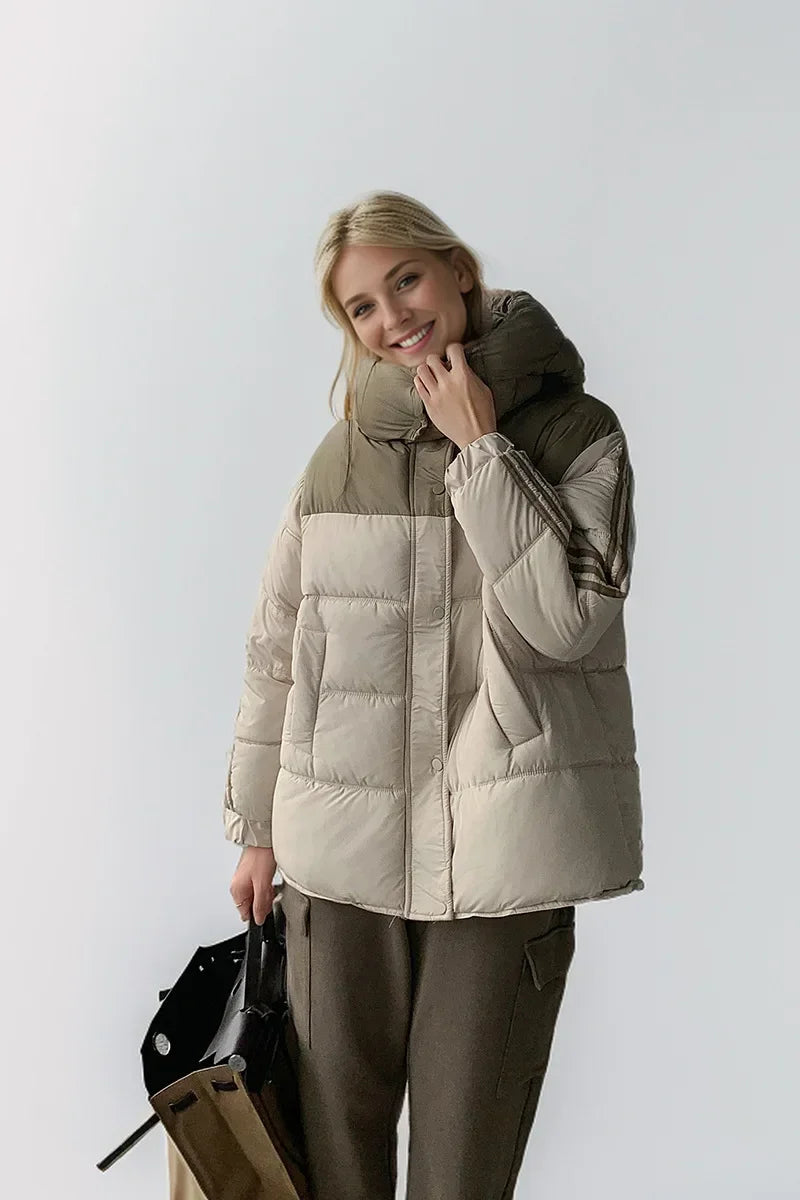 2024 neue Winter Damen jacke Kontrast lässig Kapuze Daunen Baumwoll jacke weiblich verdicken warme lose Puffer gepolsterte Parkas Mäntel