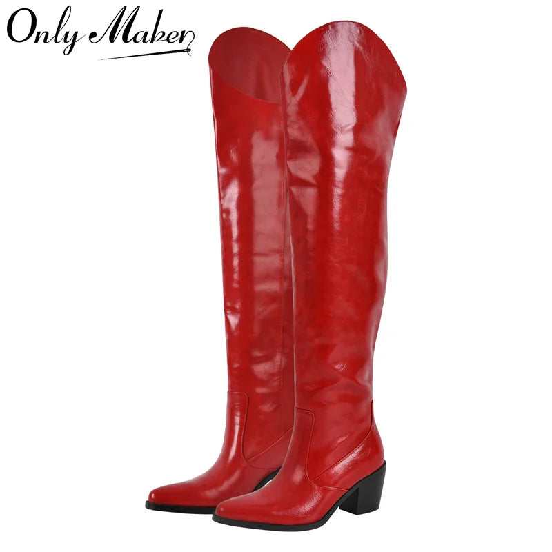 Onlymaker Damen-Overknee-Stiefel, rot, spitzer Zehenbereich, 6,5 cm Absatz, Winter-Oberschenkelstiefel