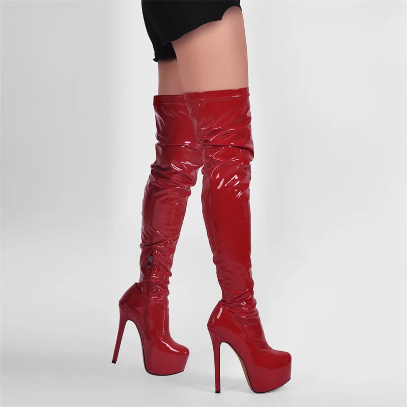 Only maker Frauen schwarz über dem Knie Stiefel Lack leder dünne High Heel Reiß verschluss weibliche Winter sexy Lady Stiefel