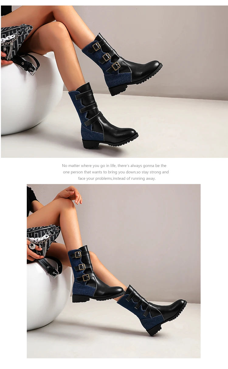 Plus Size Denim Stitching Pu dreireihige Metalls chnalle Stiefeletten für Frauen Slip-On britischen Stil modische kurze Stiefel