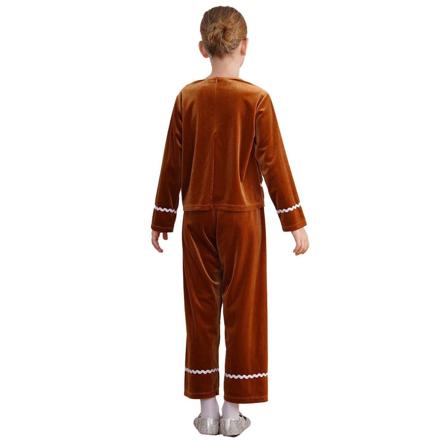 Girls Christmas Gingerbread Man Costume Velvet Long SleeveTop with Pants for Xmas Holiday Cookie Cosplay Dress Up Party