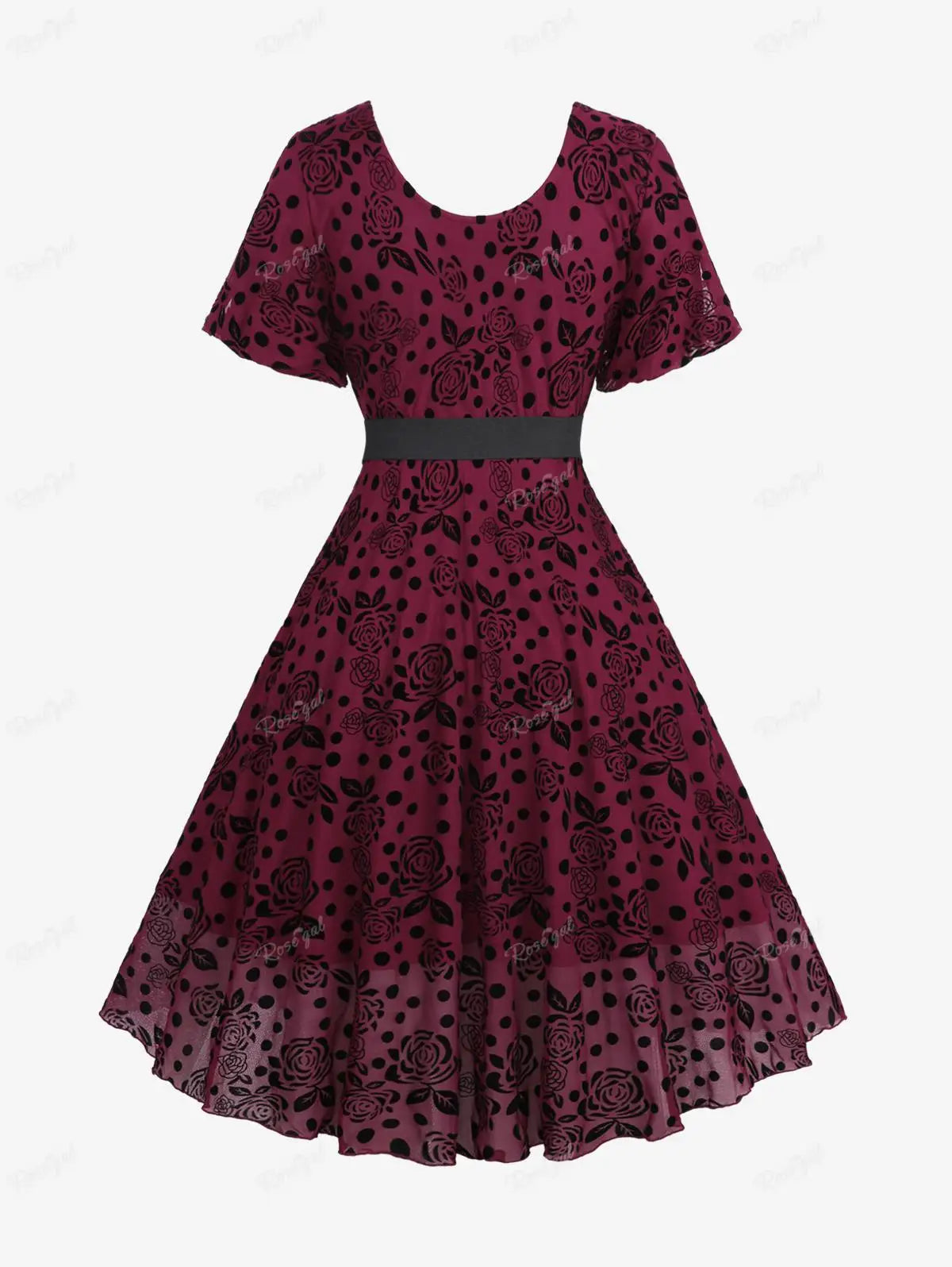 Rosegal Plus Size Gothic Puff Ärmel Polka Dot Blumen Mesh Flock ing Kleider Sommer neue geraffte Rüschen Kleid mit Pu Schnalle Gürtel