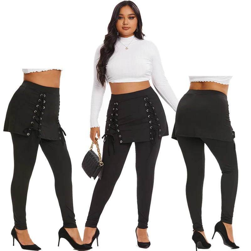 Ros gal Plus Size Frauen Herbst Winter Röhren hose schwarze Hose Mujer hohe Taille Schnürung 2 in 1 Rock Leggings gefälschte zweiteilig