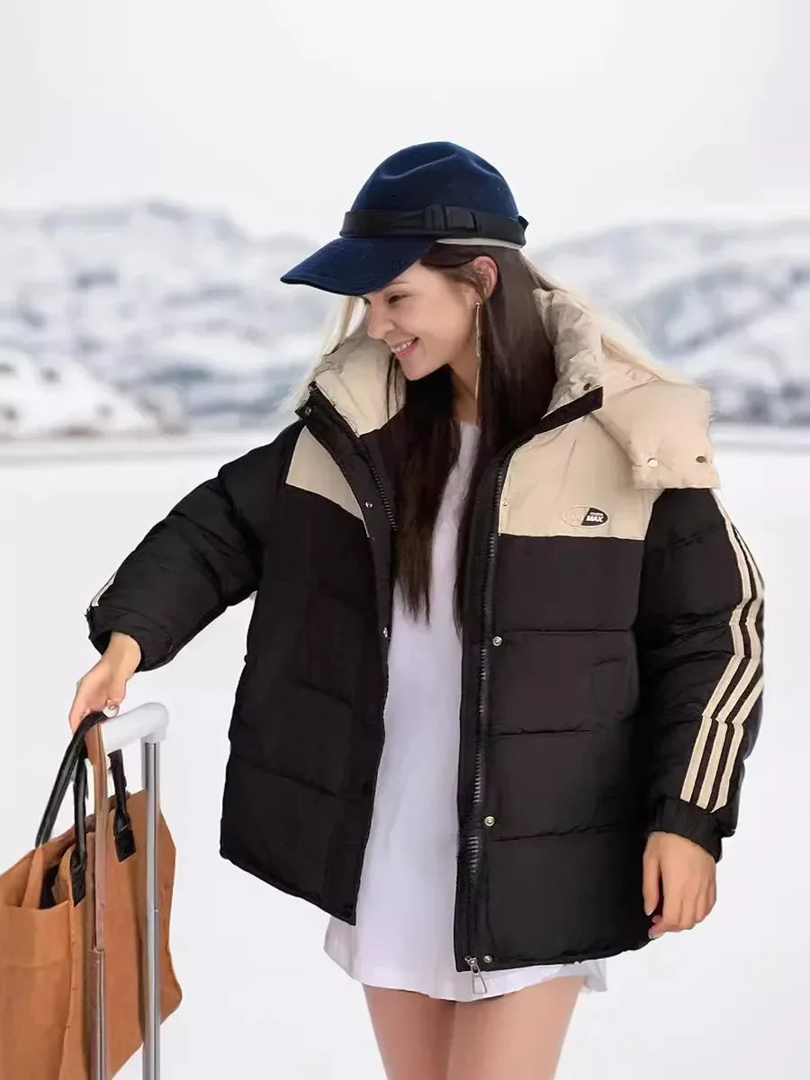 2024 neue Winter Damen jacke Kontrast lässig Kapuze Daunen Baumwoll jacke weiblich verdicken warme lose Puffer gepolsterte Parkas Mäntel