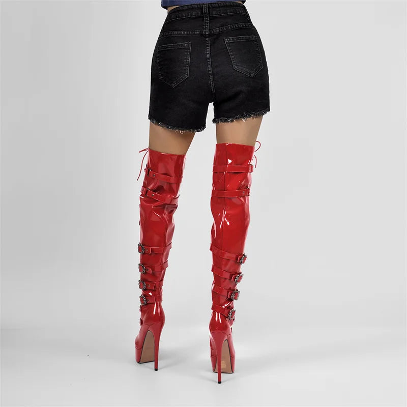 Only maker Frauen Plattform Stiletto rot über dem Knie hohe Stiefel Seite Reiß verschluss Lack leder Mode sexy Winter weibliche Stiefel