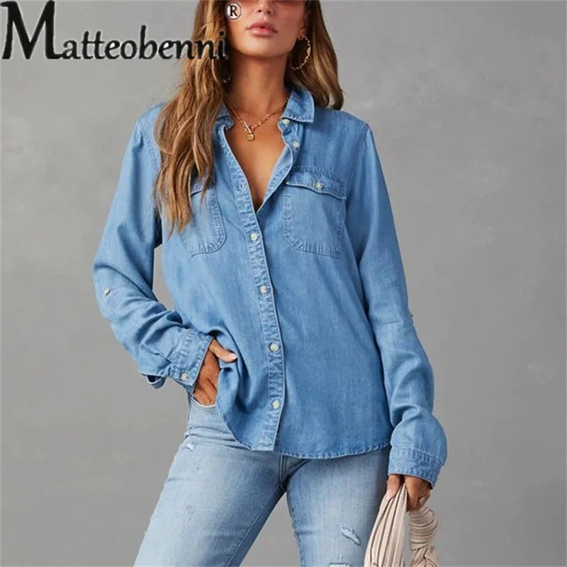 Herbst dünne Jeans hemd Damen einreihige Spleiß tasche Langarm Revers Tops Damen bequeme Pendler lässige Bluse