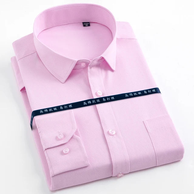 Men&#39;s Fashion Long Sleeve Basic Dress Shirts Single Patch Pocket Formal Business Standard-fit Work Office Plaid/striped Shirt