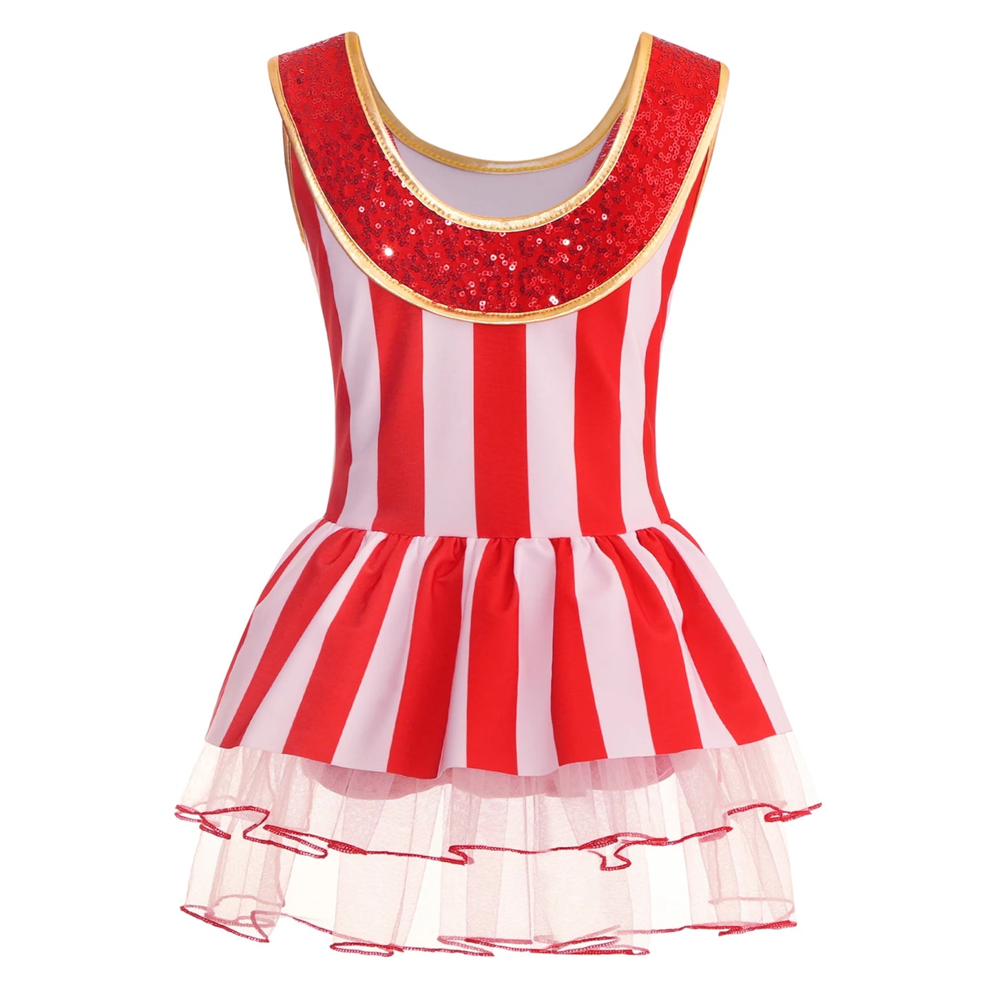 Kids Girls Sequins Candy Cane Christmas Costume Sleeveless Santa Sweetie Xmas Dance Gymnastics Leotards Dress for Holiday Party