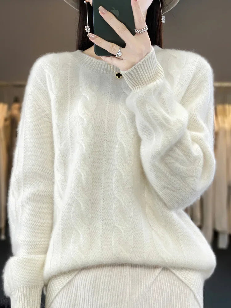 Frauen Winter Pullover 100% Merino Wolle Dicke Warme Oansatz Pullover Twist Blume Kaschmir Strickwaren Casual Koreanische Beliebte Kleidung