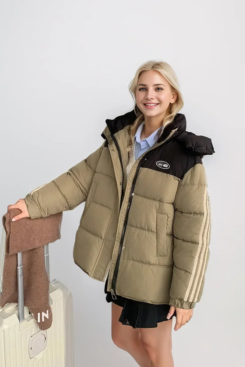 2024 neue Winter Damen jacke Kontrast lässig Kapuze Daunen Baumwoll jacke weiblich verdicken warme lose Puffer gepolsterte Parkas Mäntel