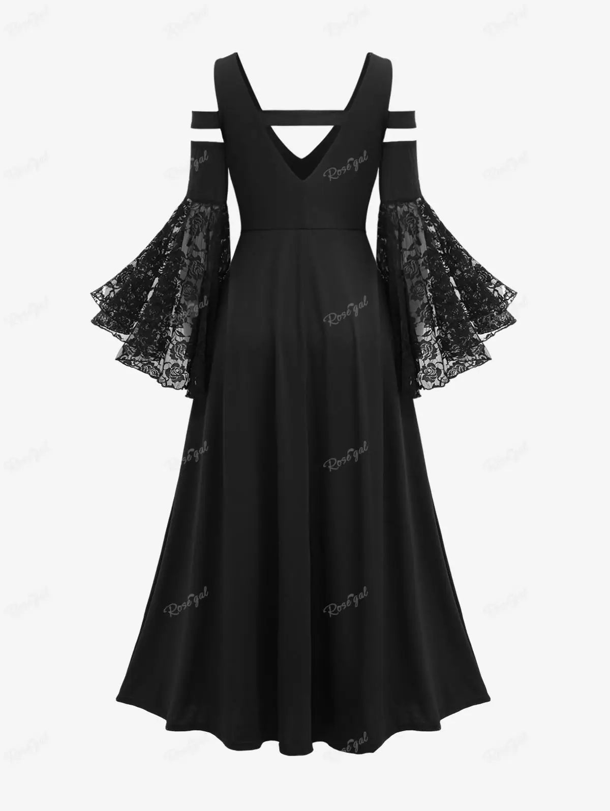 Rosegal Plus Size Gothic lange Kleider schwarze Blume Spitze Flare Ärmel kalte Schulter Streifen Panel geraffte knöchel lange Party kleid