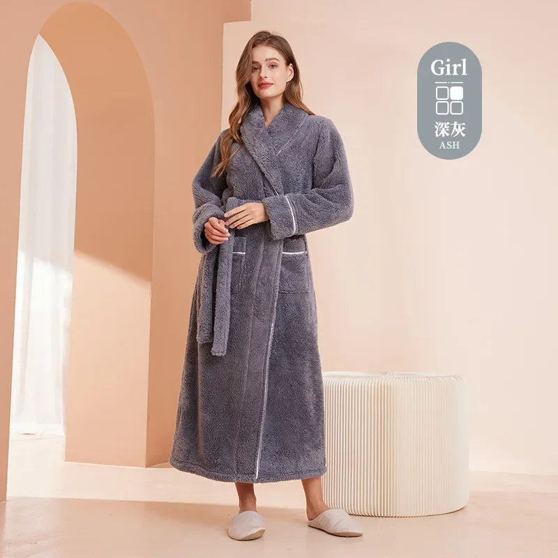 Doppelseitige Verdicken Flanell Herbst Winter Korallen Fleece Paar Lange Robe Hause Kleidung Lange Bademantel Nachtwäsche Lose Loungewear