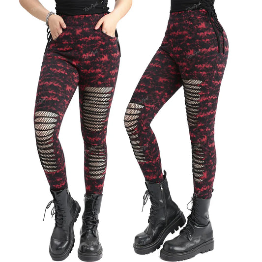 Rosegal Damen dünne Leggings mit Taschen Gothic zerrissene Mesh Panel Tie Dye Splatter Print Bleistift hose Casual Bottoms 3xl