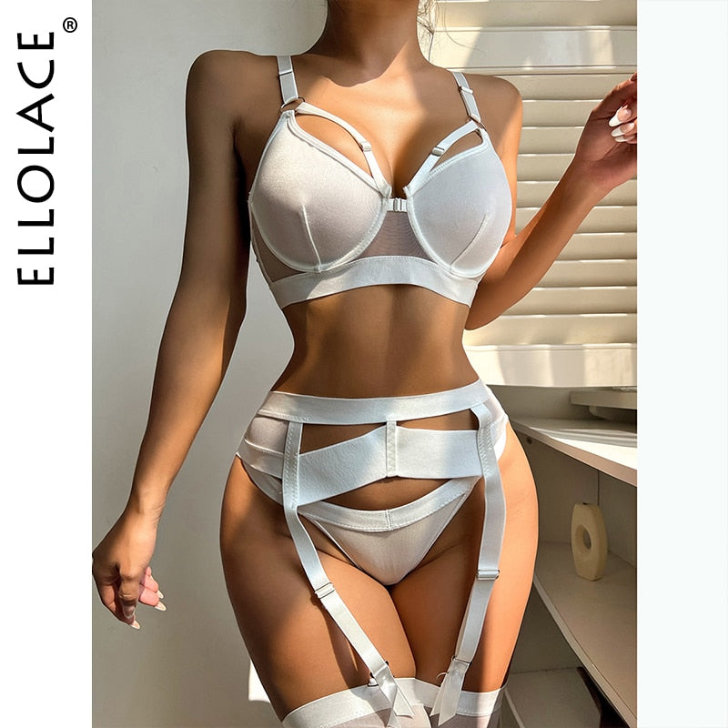Ellolace Sexy Goth Women&#39;s Underwear Lingerie Hollow Out Black Exotic Brief 3 Piece Sets Setup Ladies Underwire Bilizna Set