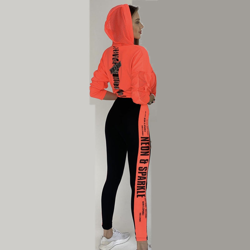 Oshoplive weibliche Mode Kontrast farbe irisierende Patchwork Mesh Hoodies & Leggings passt Sport lauf Sportswear neu