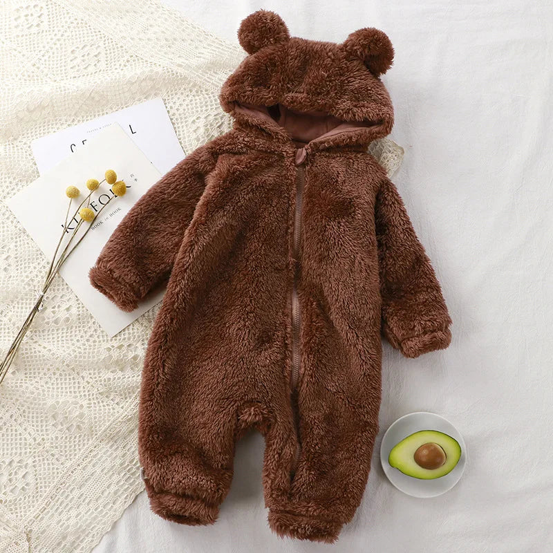 Winter Warme Neugeborenen Baby Mädchen Kleidung 3 Farben Nette Plüsch Bär Baby Strampler Komfortable Weiche Kapuze Zipper Jungen Strampler 0-3 jahre